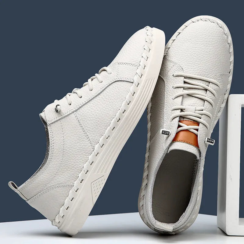 Men's beige and black cowhide sneakers with round toe and mesh lining