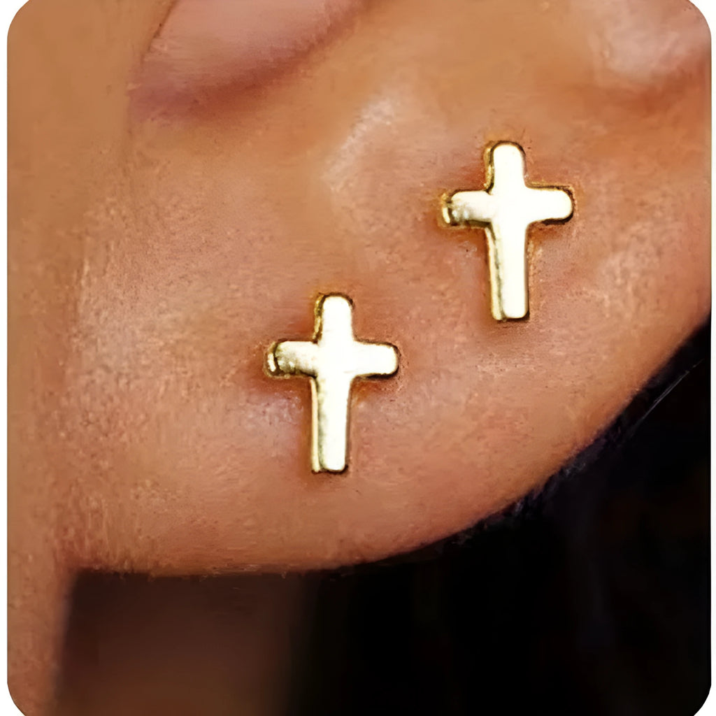Women's geometric bow and cross stud earrings in gold and silver electroplated finishes
