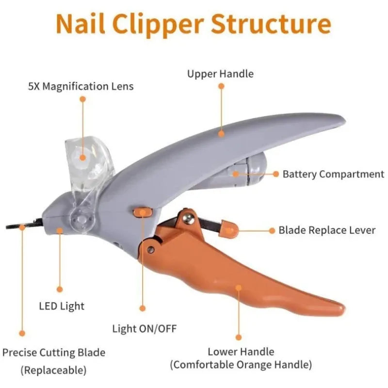 Yellow pet nail clipper with LED light on, magnifying lens, and safety guard for dogs and cats