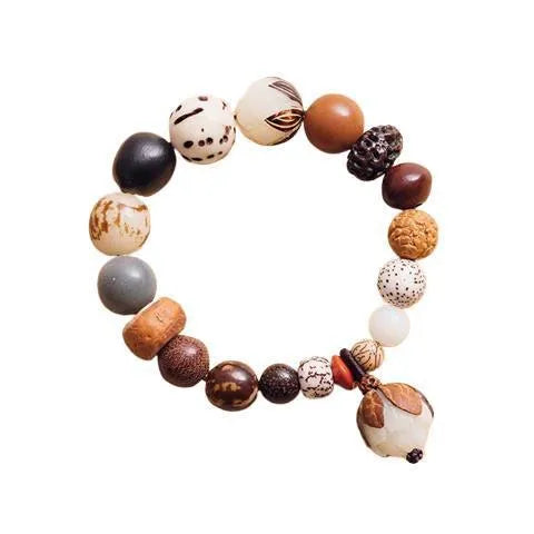 Geometric Bodhi seed bead bracelet with 18 beads on a wrist, showing a 16cm unisex fit.