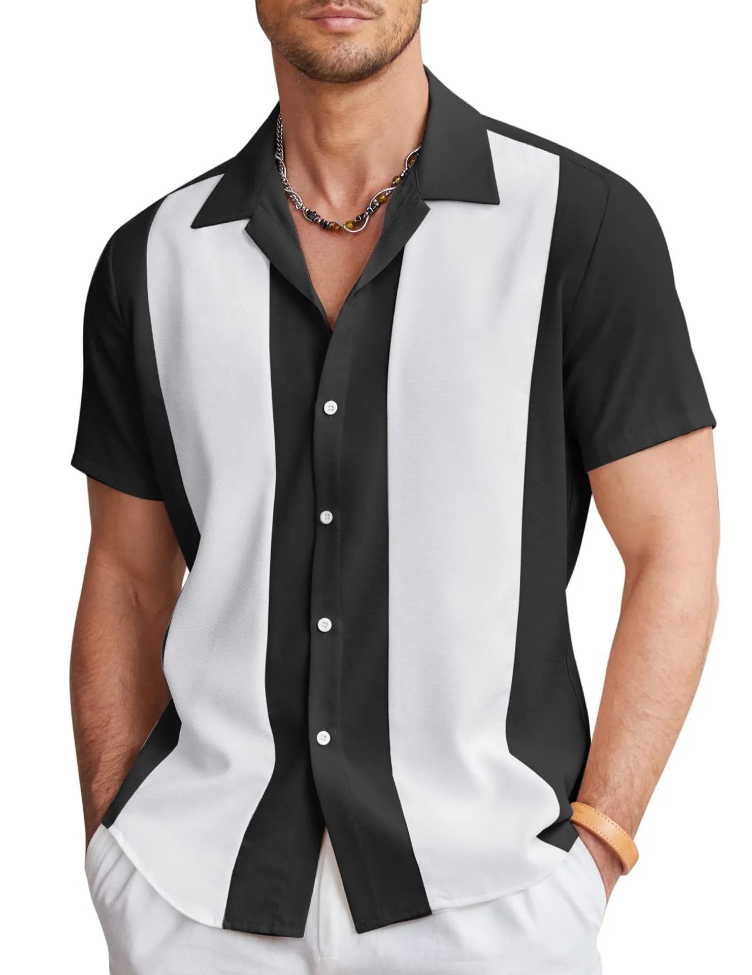 Men's slim fit Hawaiian shirt with digital print pattern in elastic polyester fabric.