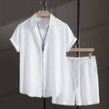 Men's cotton blend shirt and shorts set in black or white with short sleeves for summer leisure wear
