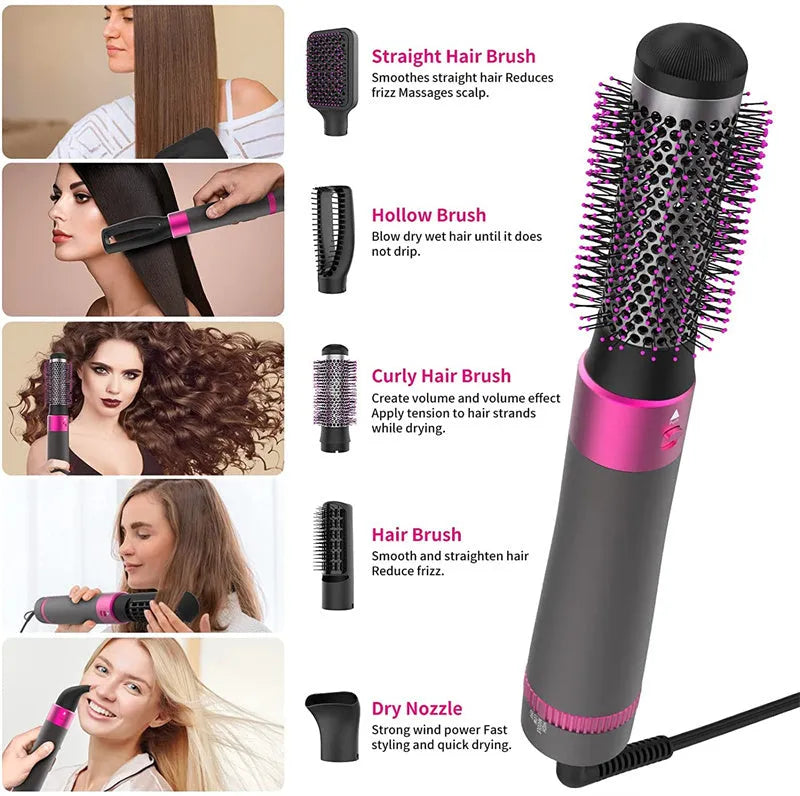 Dyson grey 5-in-1 hot air hair dryer brush with multiple brush attachments on a white background.