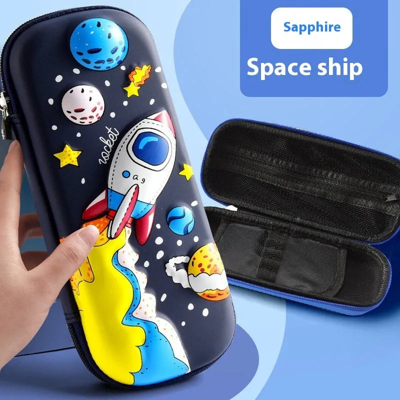 3D leather pencil case with zipper closure showing decorative space theme design