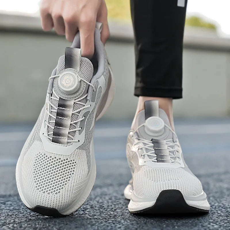 White rotating buckle running shoes with Fly-kit mesh upper and TPU popcorn sole