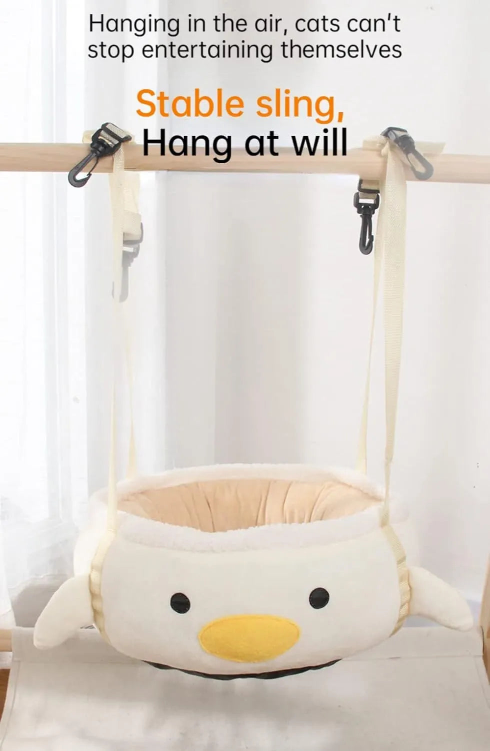 Green chick dinosaur shape cat bed laid flat as sofa with attached straps for hanging