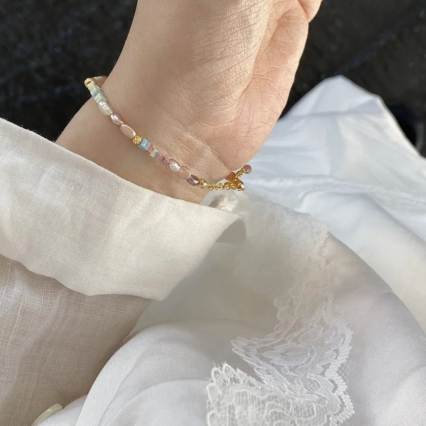 Handcrafted natural pearl bracelet and necklace set with 14K gold-plated finish and U-shaped design