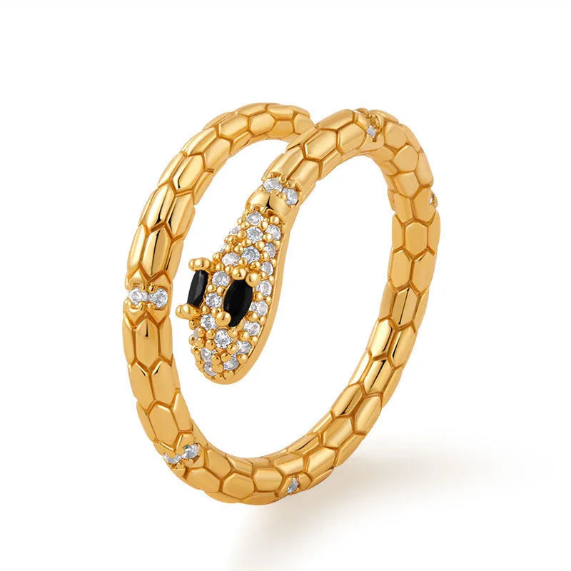 Gold coloured snake ring with open mouth design and adjustable opening