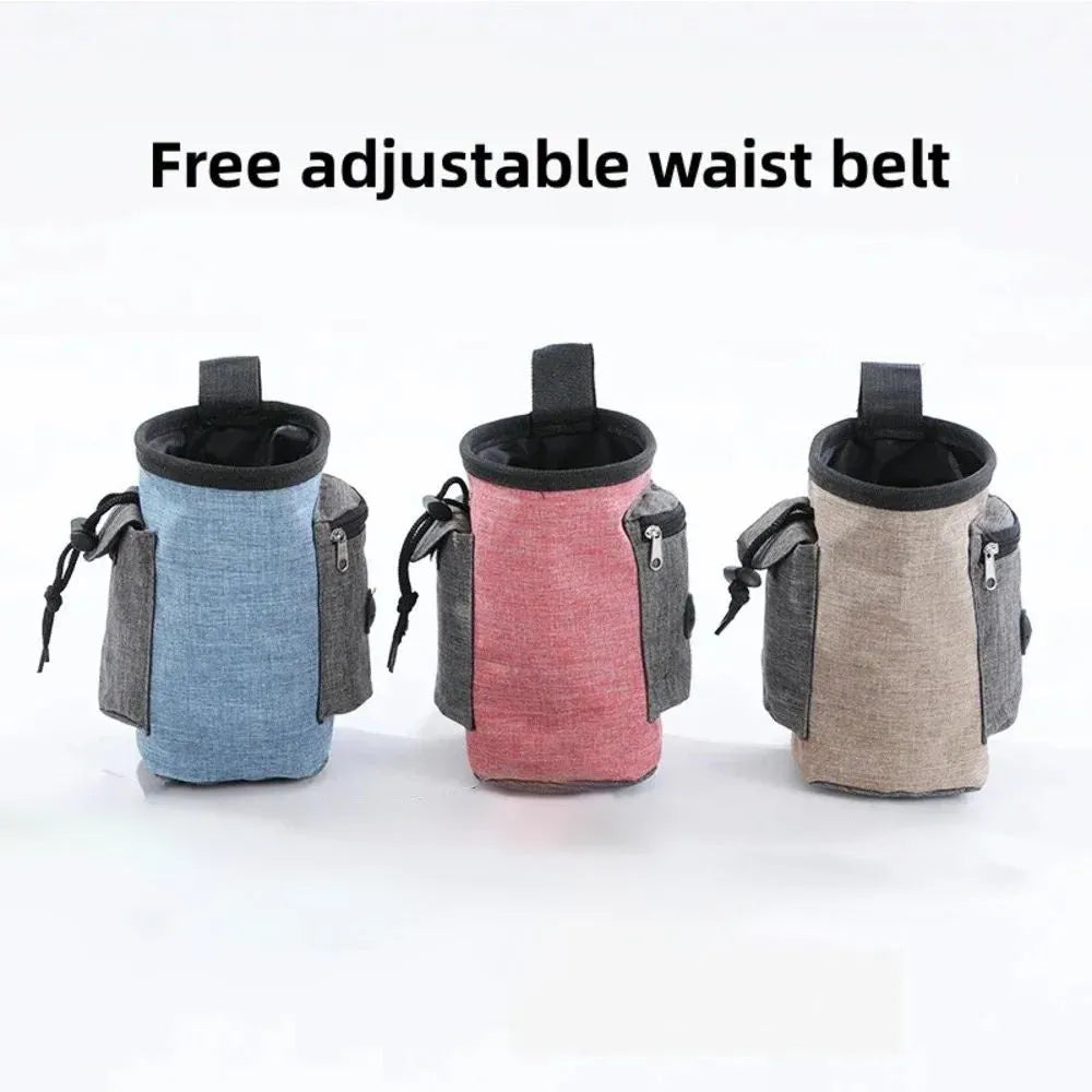 Waterproof pet training waist bag with adjustable belt, dual pockets, and plastic clips in blue colour