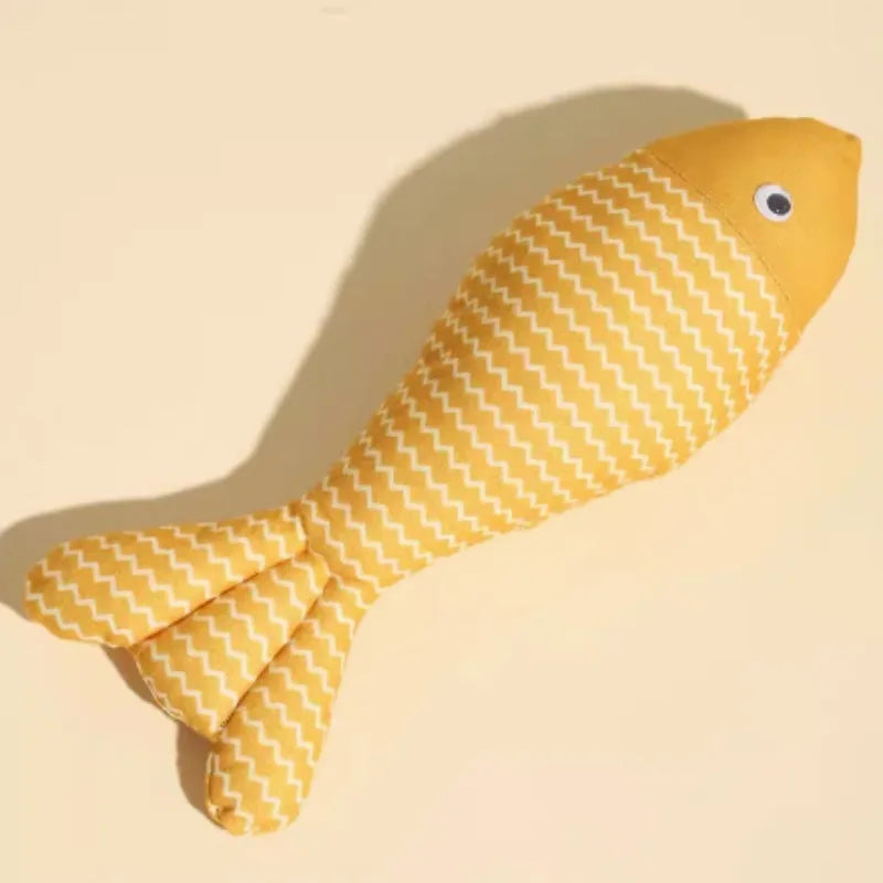 Blue and yellow fish-shaped cat toys in large and medium sizes on a plain background.