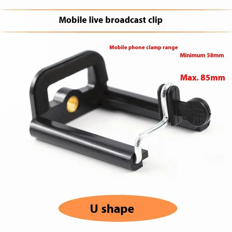 Black plastic U mobile phone clip bracket showing dimensions 8cm x 5cm x 3cm for universal phone attachment