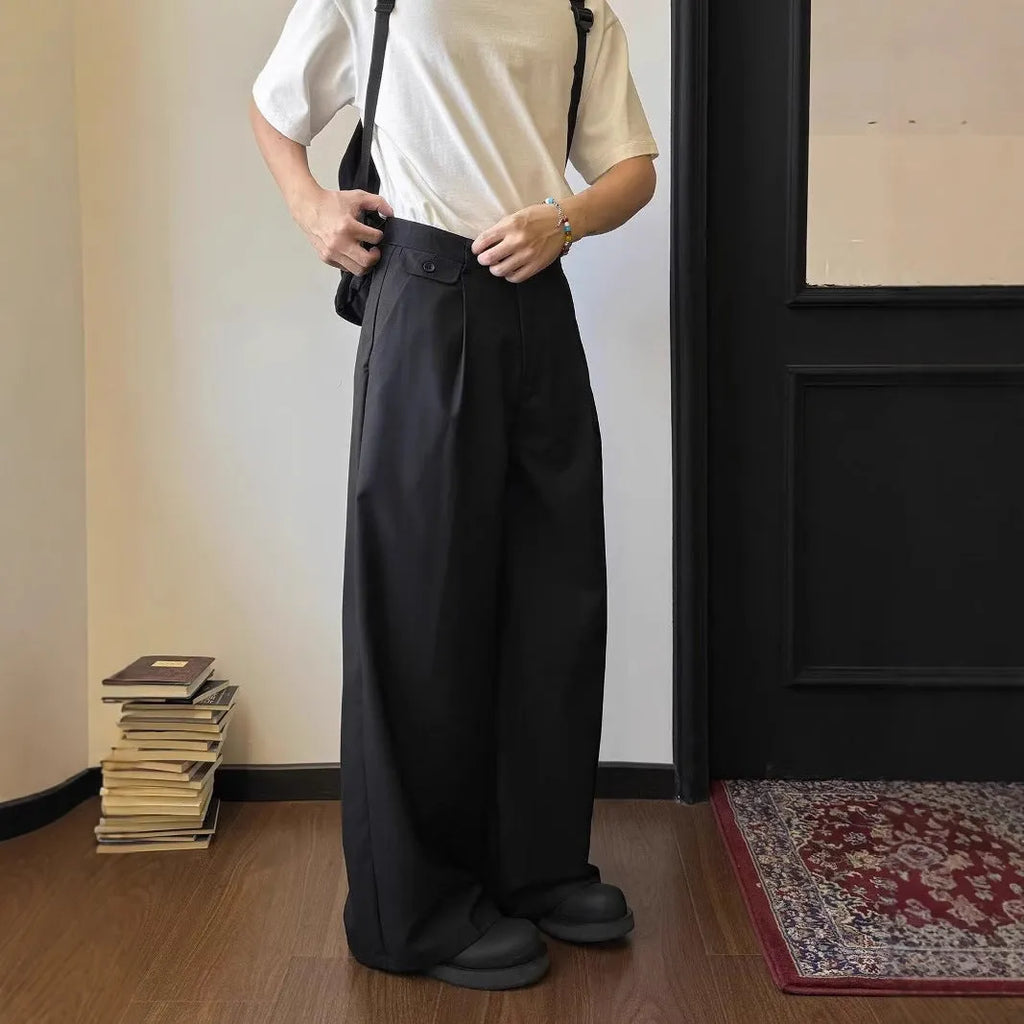Men's straight-leg trousers with loose wide-leg design in brown or black colour options