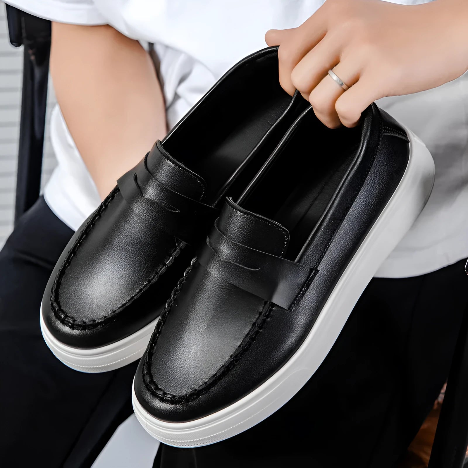 British style casual leather shoes in artificial PU with round toe design in white, black and white, or khaki
