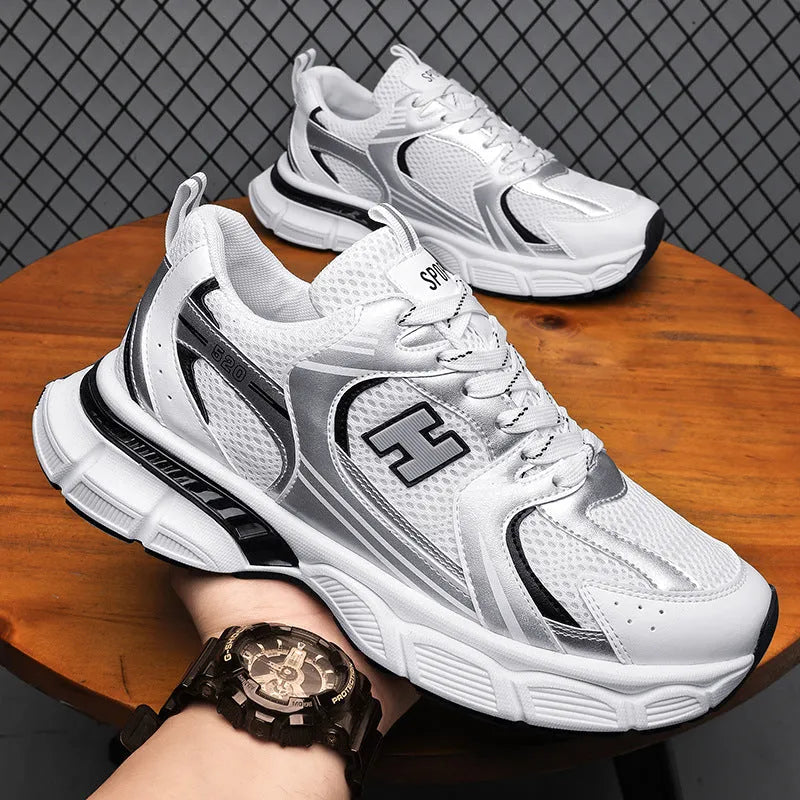 Men's mesh running shoes with plastic soles in three colour options showing round toe design