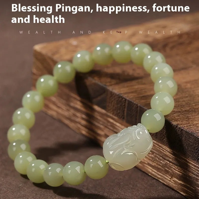 Grey Hetian jade leather show bracelet for women in ethnic style with polished beads