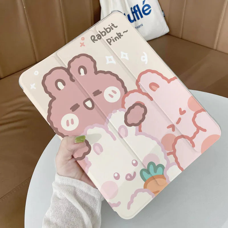Rabbit cartoon design tri-fold silicone case for iPad showing flat and standing positions