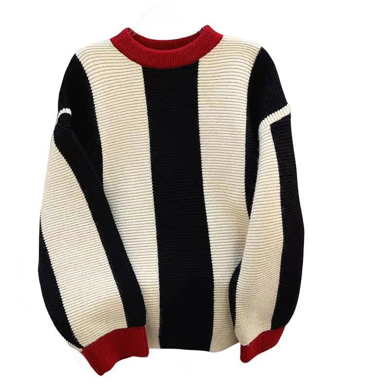 Women's round neck striped cashmere pullover sweater in contrast colours