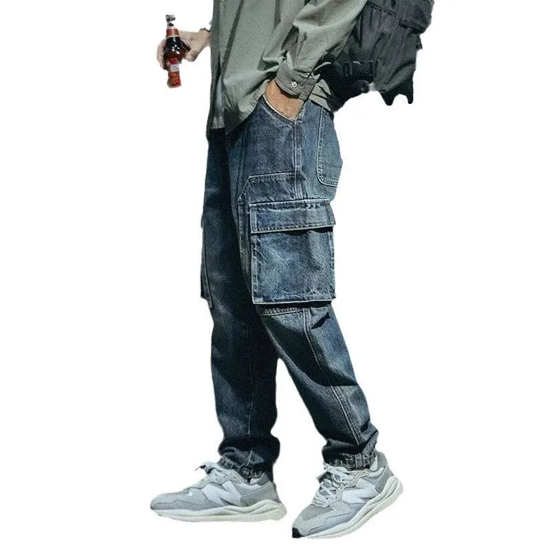 Men's blue loose straight retro denim trousers with zip fly and stretch fabric for leisure wear
