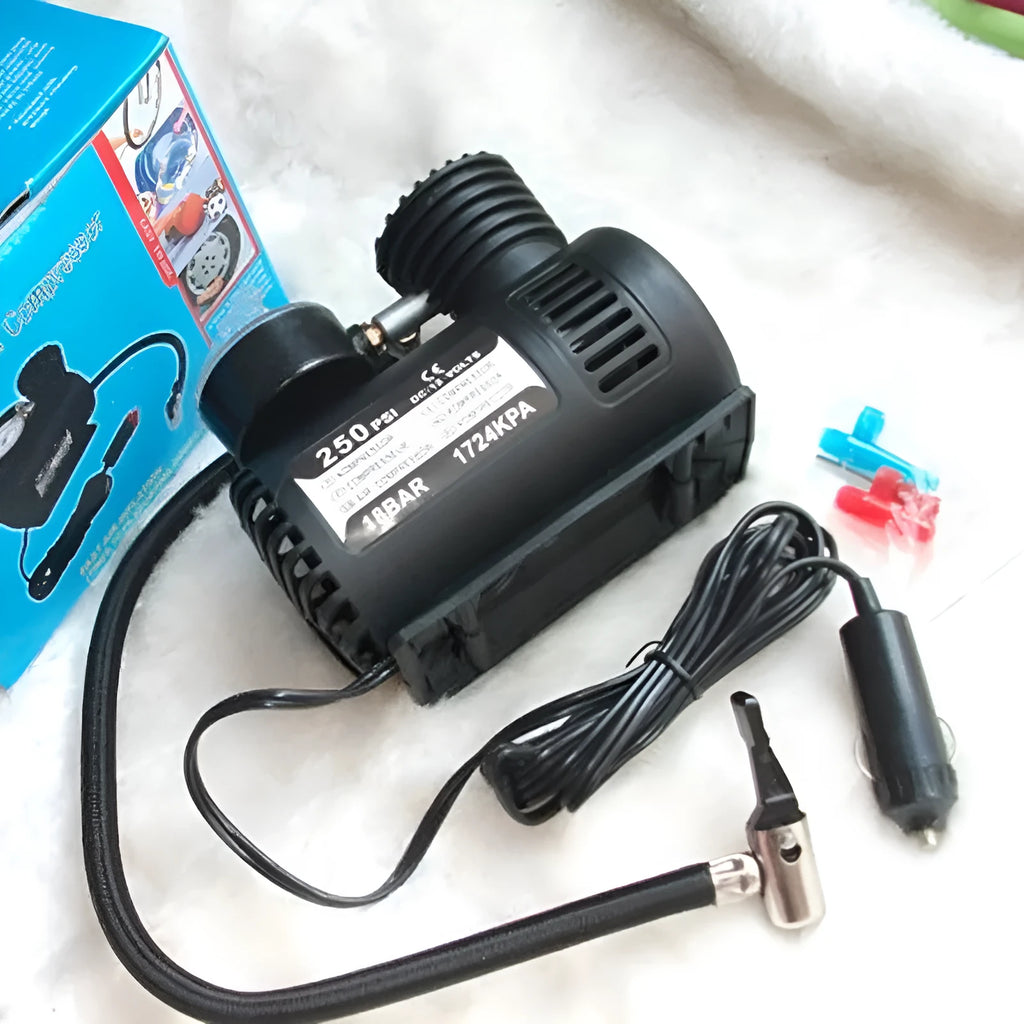 Black 12V miniature car tyre air pump measuring 13.5x12x7cm