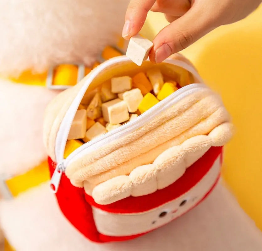 Cartoon hamburger print adjustable vest leash for a dog, showing the escape-proof design and walking rope.
