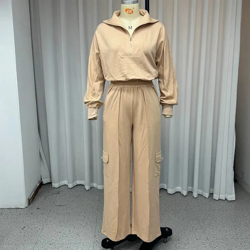 Women's light camel lapel collar top and wide leg trousers two-piece work clothes set