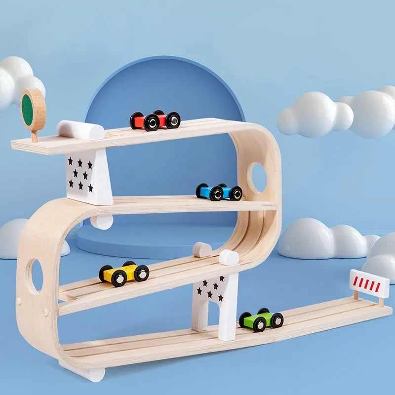 Children's wooden multi-layer gliding car track toy for ages 4-6 with colourful sliding car and track pieces