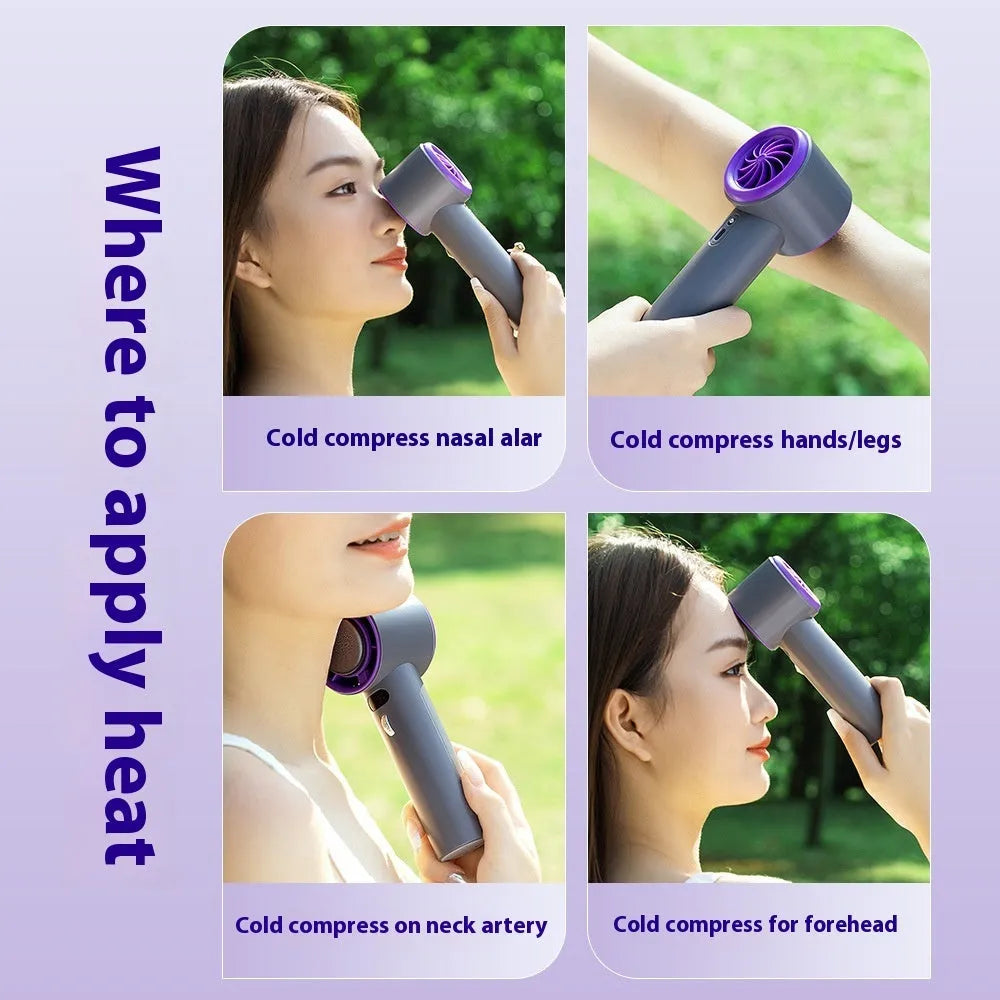 White and grey portable handheld turbo fan with semiconductor cooling and adjustable speeds.