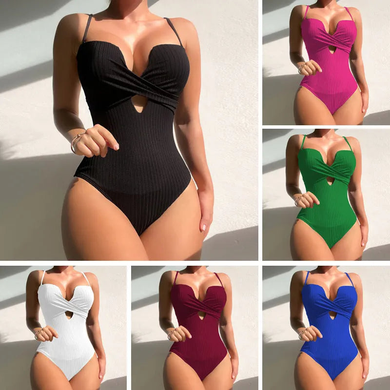 One-piece solid-colour swimsuit for adult women in rose red, white, or burgundy with polyester fibre construction