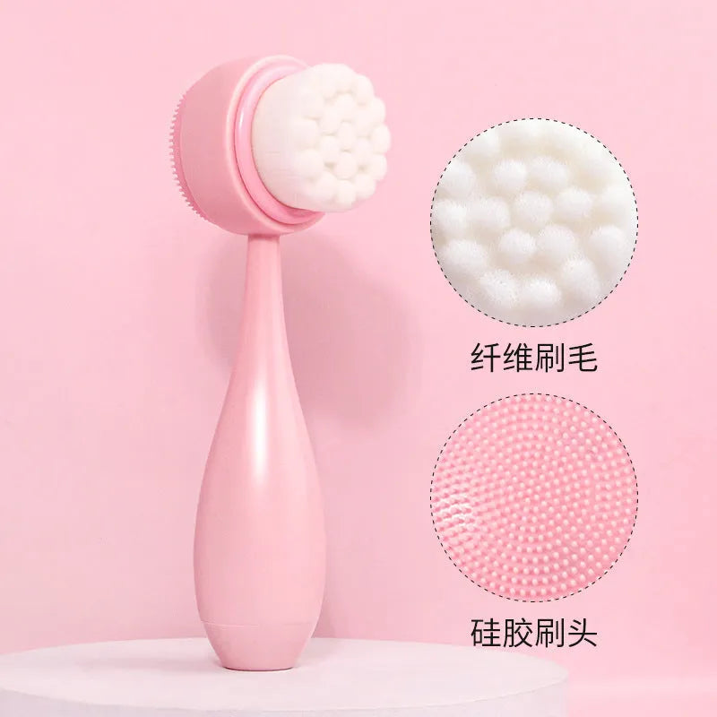 Facial brush set with four nylon-bristle brushes, plastic handles, and coral fleece hair band in multiple colours