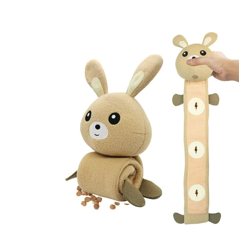 Fleece rabbit plush dog toy with sound and treat dispensing functions