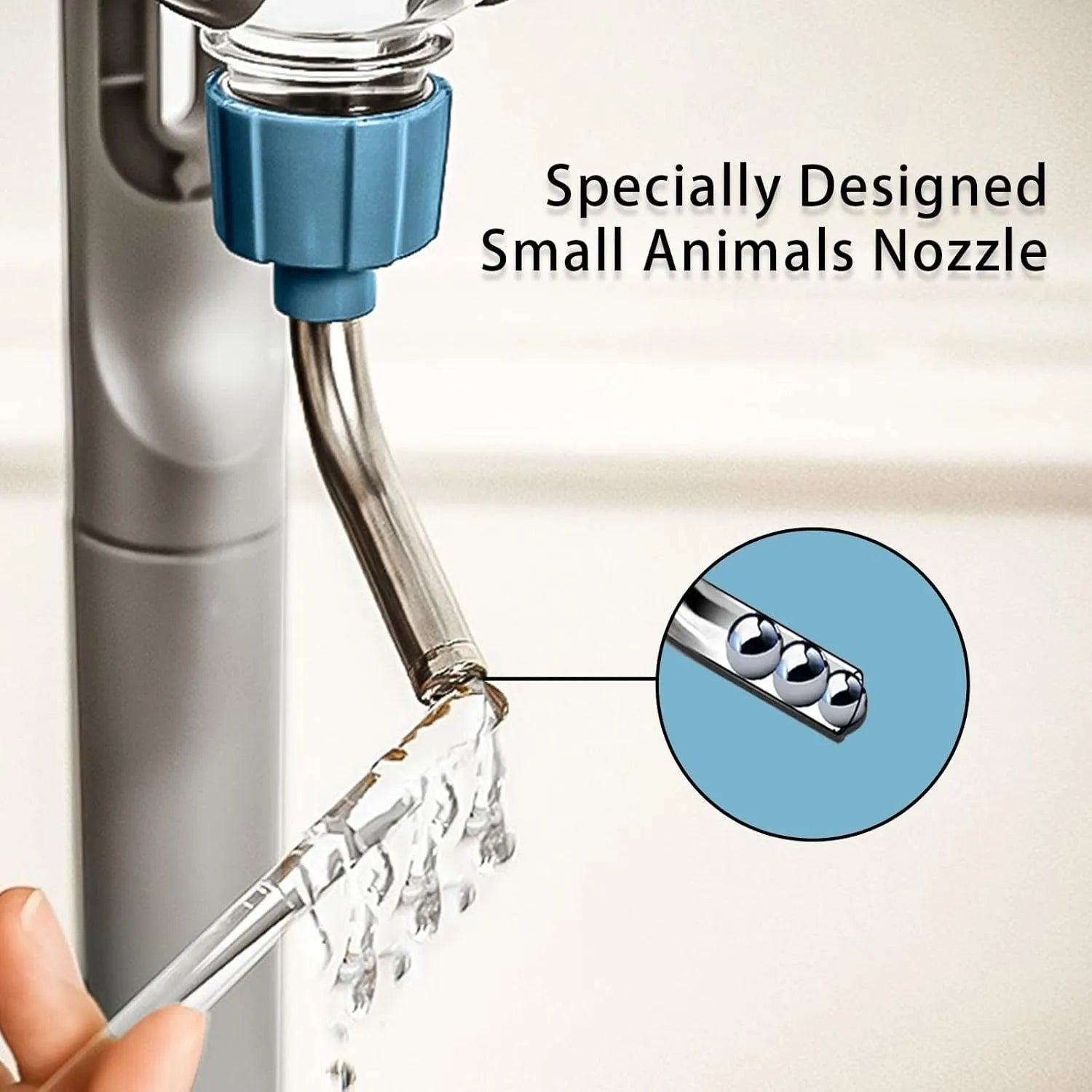 Blue pet water bottle with rotatable nozzle for small animal cages, showing 500ml capacity and stainless steel ball