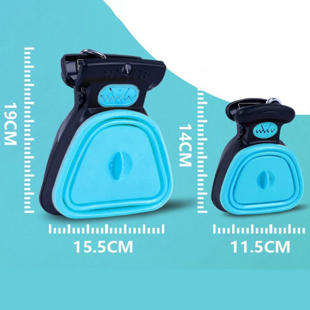 Handheld pooper scooper with expandable storage and bag dispenser in blue, green, grey, or yellow