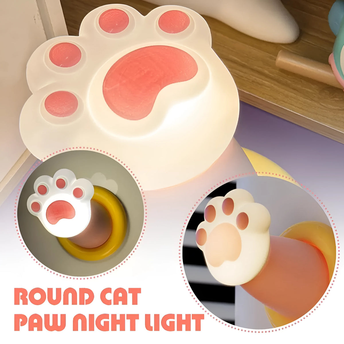 White cat paw shaped touch control night light lamp on a wooden nightstand.