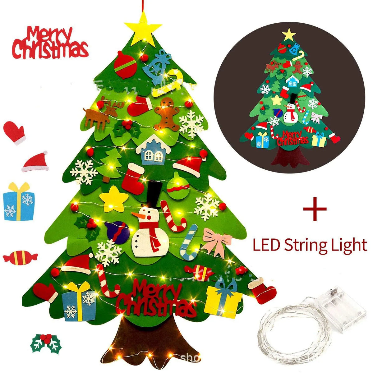 Green DIY felt Christmas tree with fairy-tale lights mounted on wall with decorative ornaments