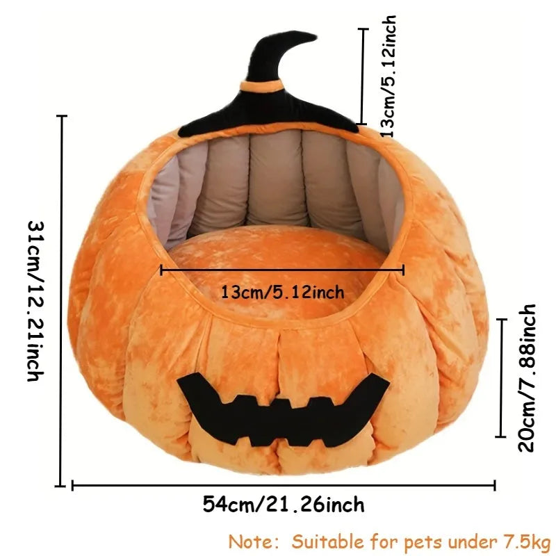 Halloween-themed cat bed with cartoon devil pumpkin design in soft plush material for small pets
