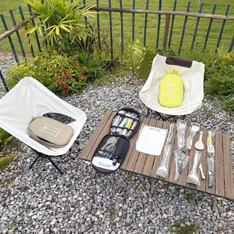 12-piece stainless steel picnic set with storage bag in khaki, green, or brown colour options