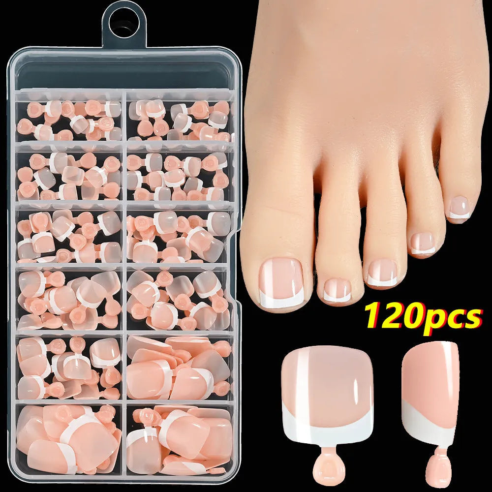 120 French white edge nude square short artificial toe nails in nine natural shades