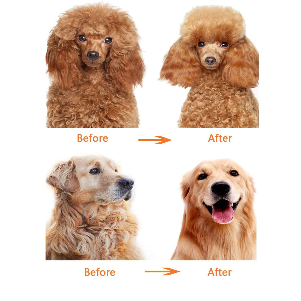 Red pet grooming comb with stainless steel pins, dual-length teeth, and anti-slip plastic handle for dematting knots