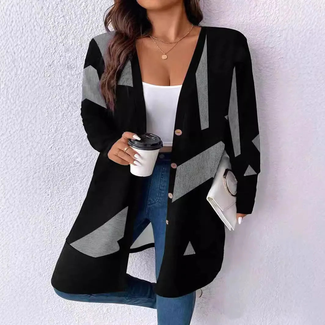Black plus size knitwear cardigan with button stitching, loose fit, regular sleeves, sizes S to XXL