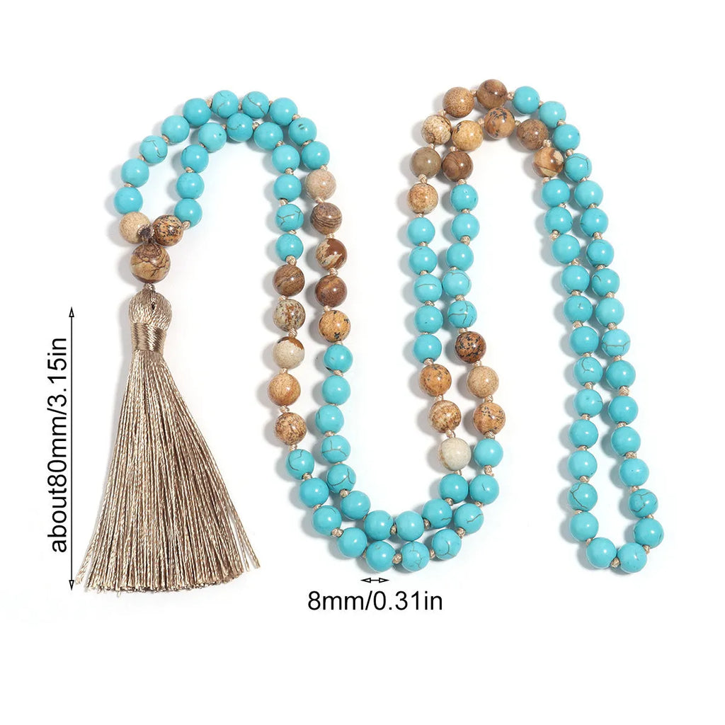 Handmade blue turquoise stone mala necklace with ball beads on 81cm chain