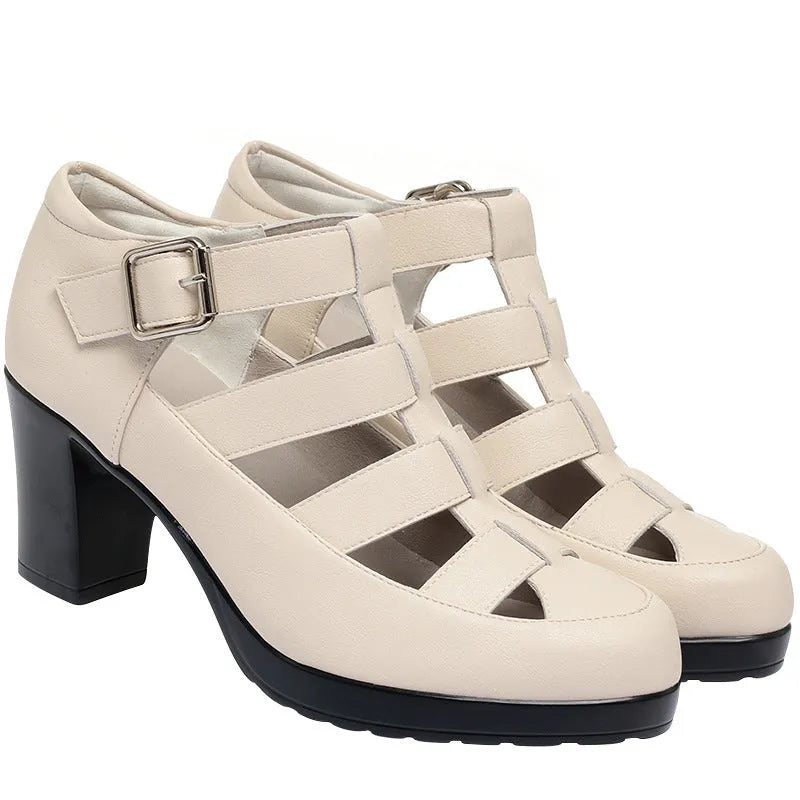 Women's beige closed toe sandals with chunky heel, woven hollowed upper, and ankle strap buckle.