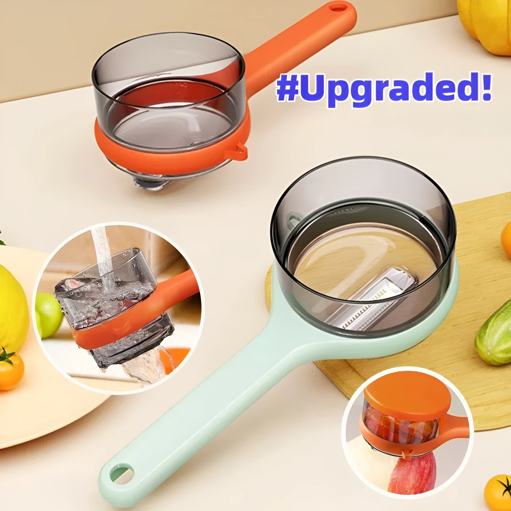 Light green kitchen peeler with attached storage bucket for catching fruit and vegetable peelings