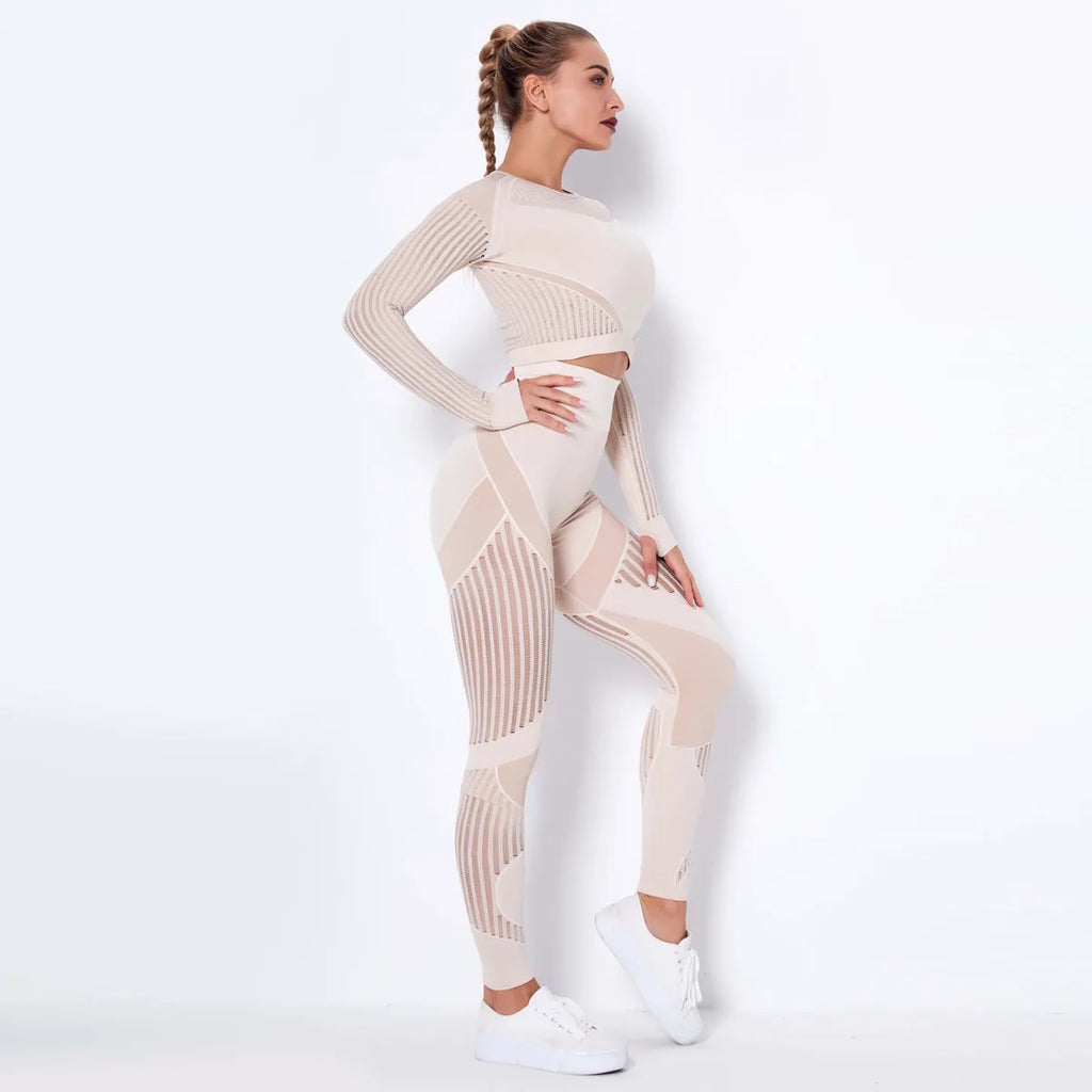 Women's long-sleeved seamless yoga suit in a striped pattern, shown in a stretch fabric suitable for exercise.