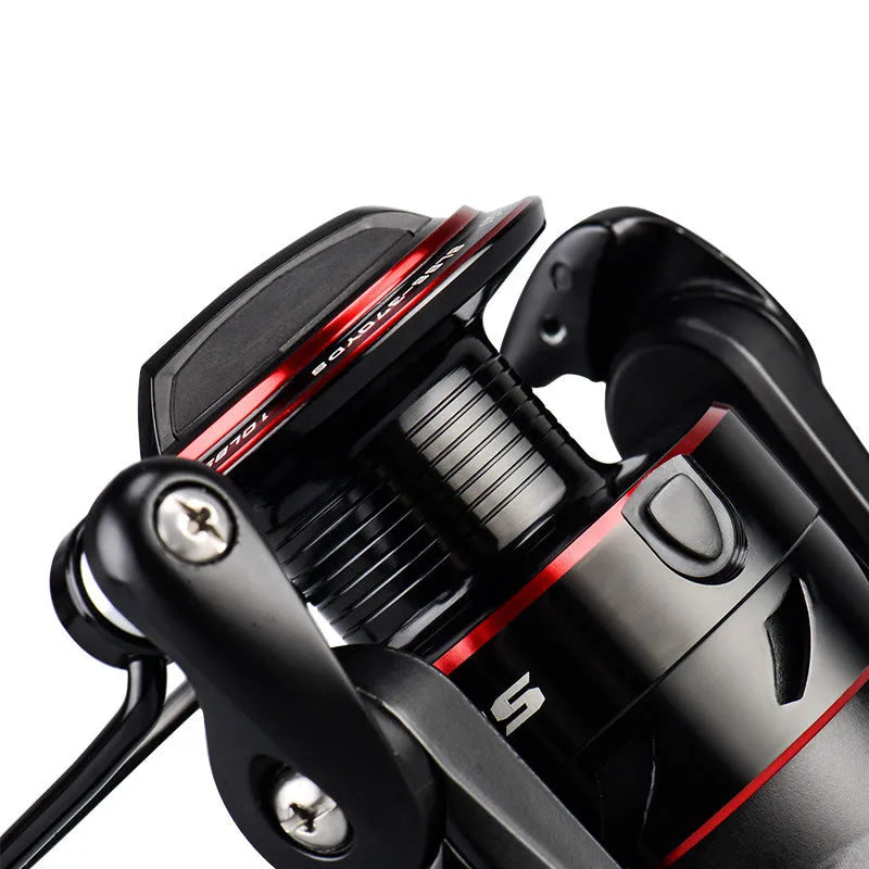 All-metal spinning fishing reel with collapsed telescopic rod showing four series size options