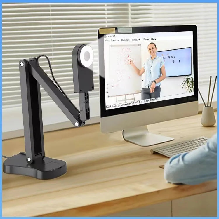 Computer live camera with microphone showing 8MP sensor, USB 2.0 cable, dimensions approximately 8x5x5cm