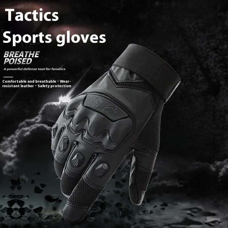 Men's black full finger tactical gloves with touchscreen pads on fingers, shown in sizes M, L, XL.