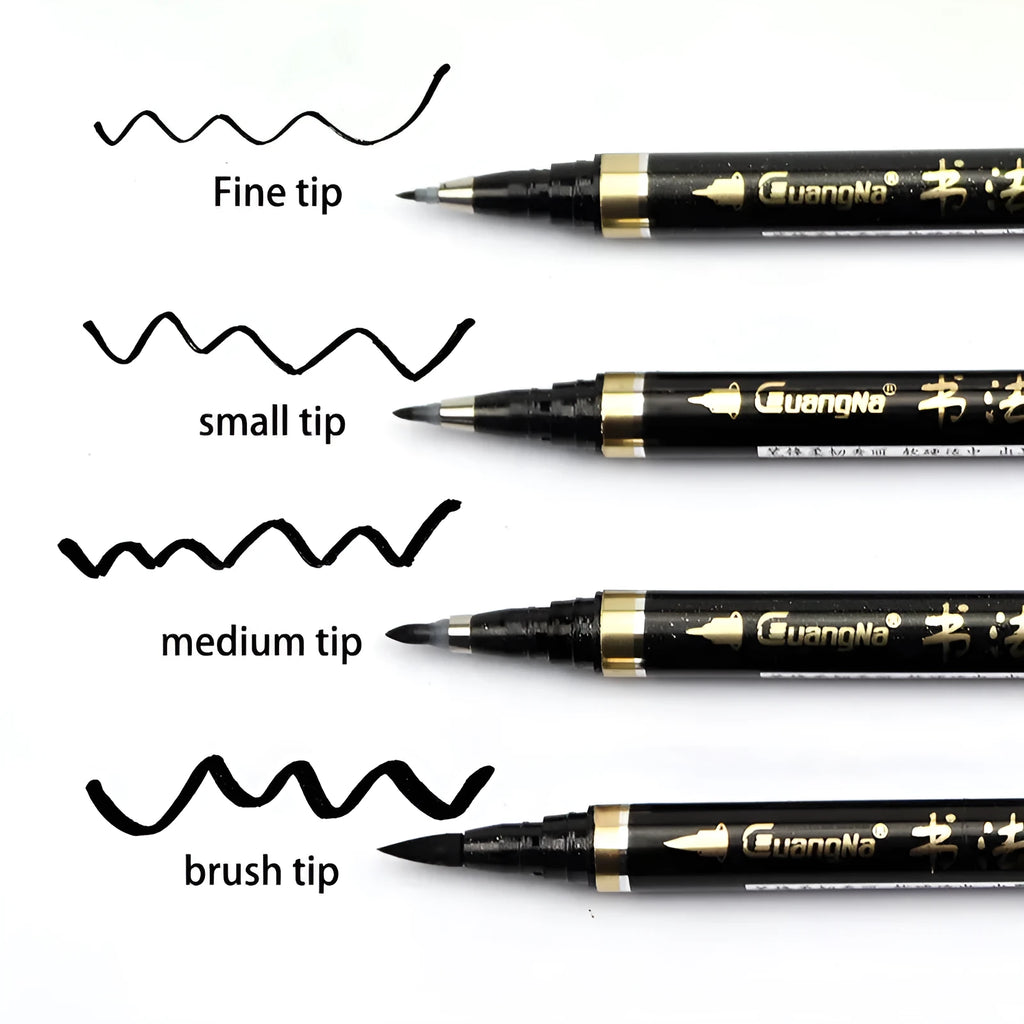 6 piece refillable calligraphy pen set with soft brush tip and plastic barrel in a box for sketching and script