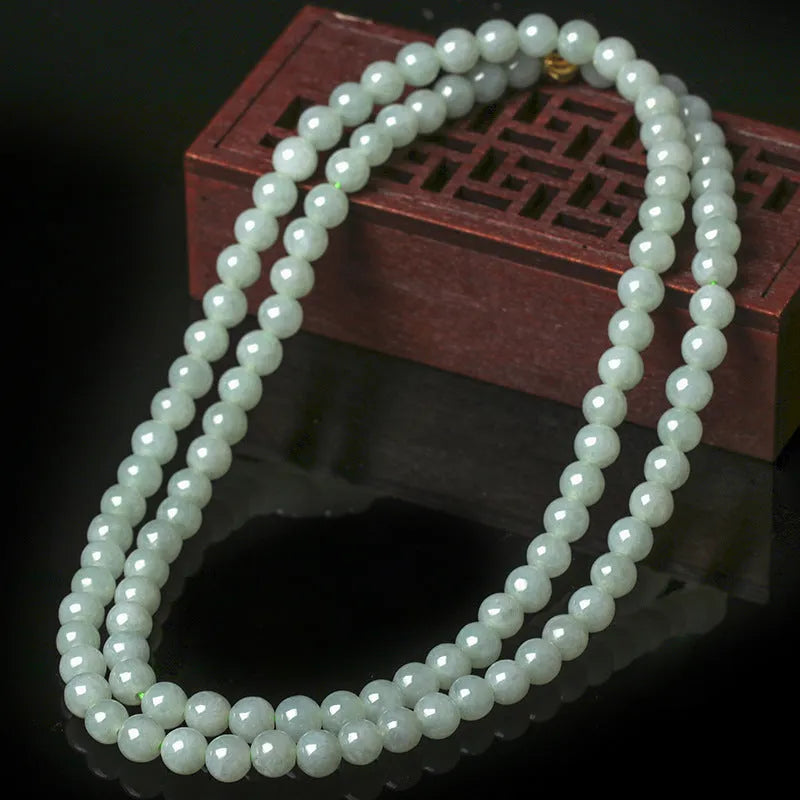 Natural jade bead sweater chain necklace with white and green 6.5mm beads on adjustable 21-50cm chain