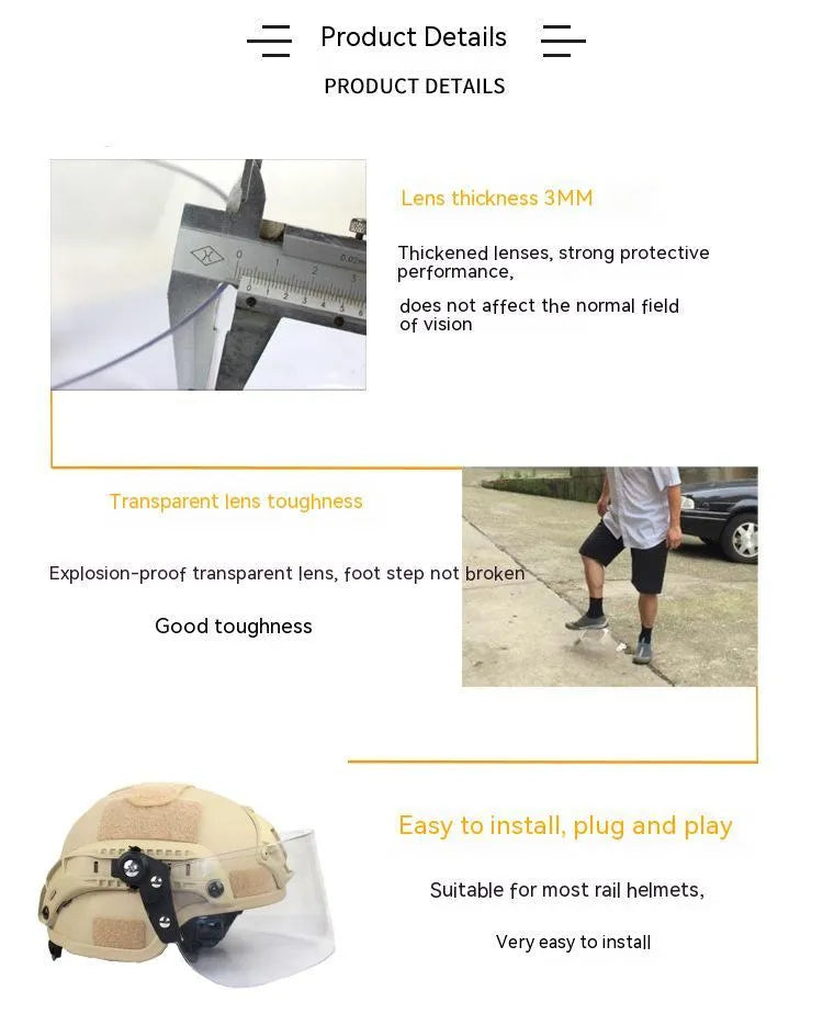 Transparent polycarbonate safety helmet visor with guide rail mounting, 30cm by 15cm