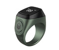 Zikr1 smart ring in silver with 0.49-inch OLED display showing time and Tasbih count on a finger
